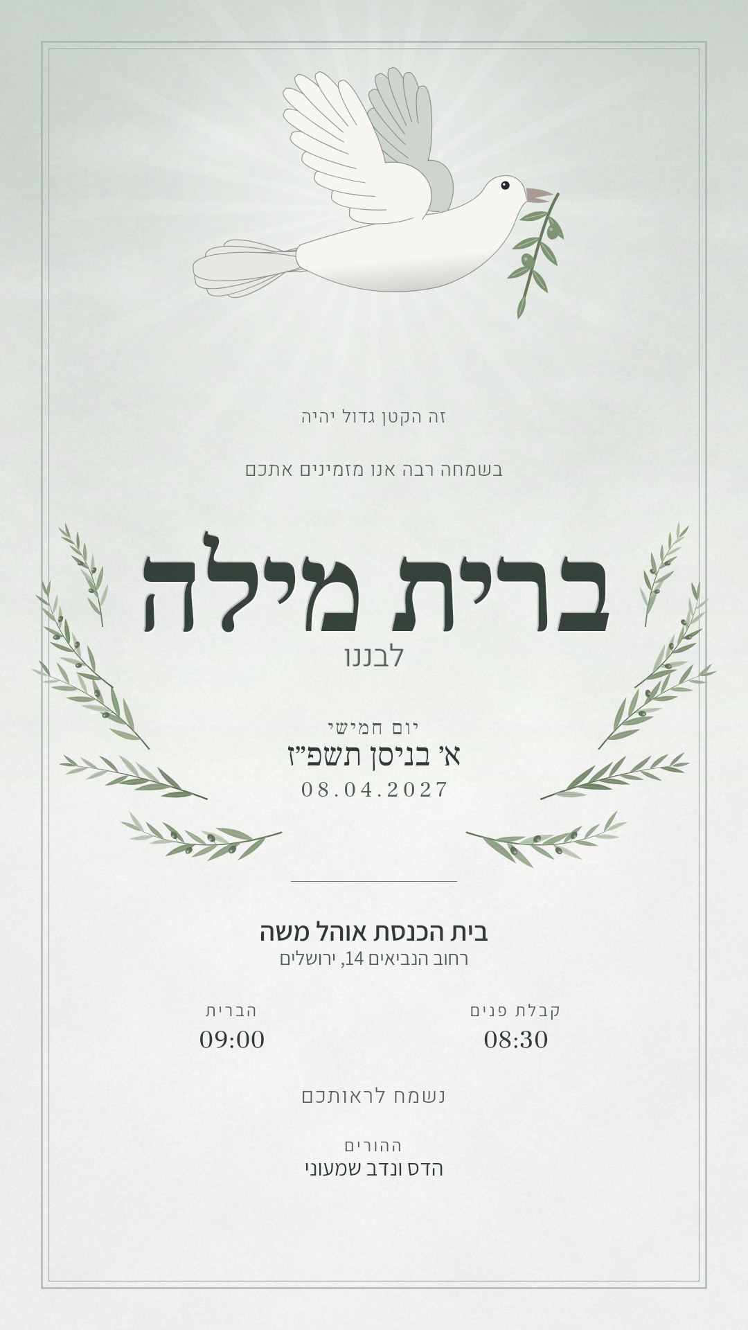 הזמנה לברית מילה - יונית בצבע ערפל